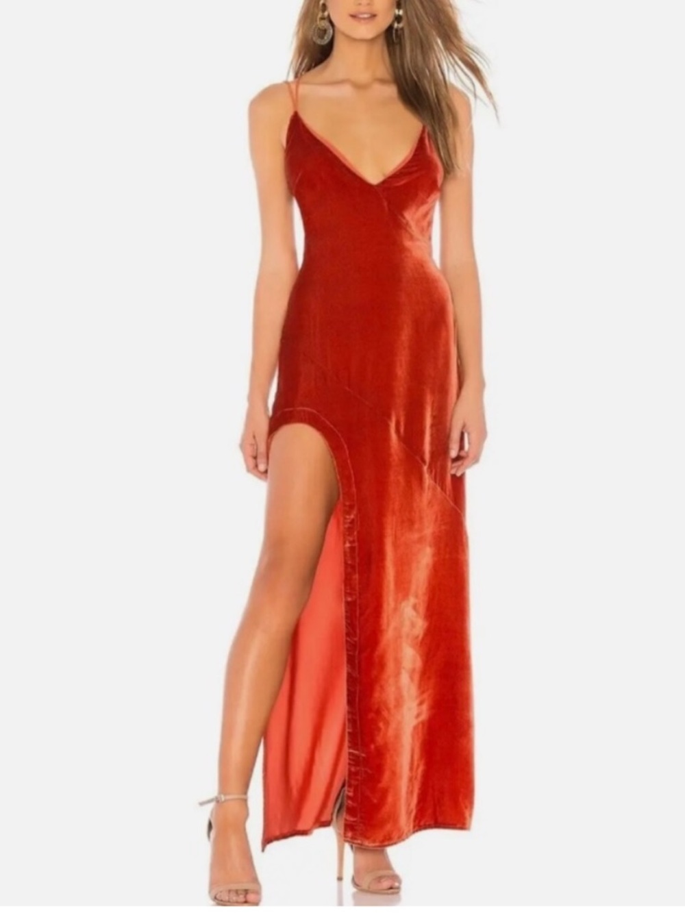 For Love & Lemons Rust Orange Velvet Maxi Dress Size XS